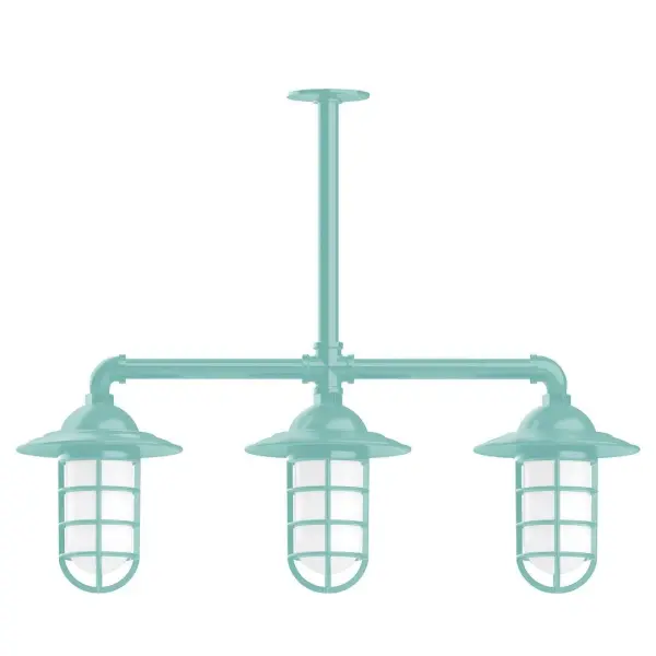 Maximize your light output with our 3-Light Multi-Light Stem Hung Pendants. Illuminate an outdoor or indoor kitchen island or dining table, this industrial look works well in both commercial and residential applications. Our weathertight glass and guard will protect your light source from damage in a storm, as well as light your way in great nautical style. Collection: Vaportite Finish: Sea Green Glass: 5 inch Vaportite Notes: Option (3) A19 LED and 1-Integrated 8W Width: 31.00" Height: 34.00" Length: 31.00" Weight: 25.00 lb Extension from Wall: 31.00" Canopy: 4.125" diameter Number of Bulbs: 3 Maximum Wattage: 100.00 W Bulb Type: A19 Bulb Base: E26 Medium Light Source: Incandescent or LED equivalent Dimmable Voltage: 120.00 V Country of Origin: US Safety Listing: UL/cUL Safety Rating: Wet Dark Sky LED Manufacturer Warranty: 1-year limited warranty on the fixture.