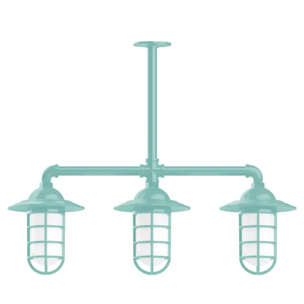 Maximize your light output with our 3-Light Multi-Light Stem Hung Pendants. Illuminate an outdoor or indoor kitchen island or dining table, this industrial look works well in both commercial and residential applications. Our weathertight glass and guard will protect your light source from damage in a storm, as well as light your way in great nautical style. Collection: Vaportite Finish: Sea Green Glass: 5 inch Vaportite Notes: Option (3) A19 LED and 1-Integrated 8W Width: 31.00" Height: 40.00" Length: 31.00" Weight: 25.00 lb Extension from Wall: 31.00" Canopy: 4.125" diameter Number of Bulbs: 3 Maximum Wattage: 100.00 W Bulb Type: A19 Bulb Base: E26 Medium Light Source: Incandescent or LED equivalent Dimmable Voltage: 120.00 V Country of Origin: US Safety Listing: UL/cUL Safety Rating: Wet Dark Sky LED Manufacturer Warranty: 1-year limited warranty on the fixture.