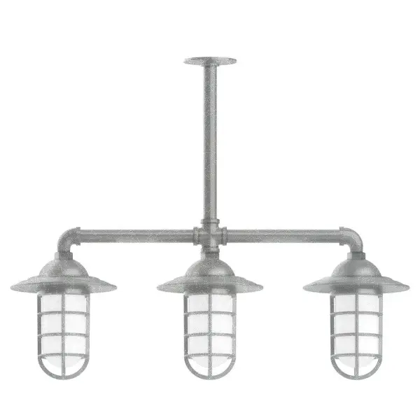 Maximize your light output with our 3-Light Multi-Light Stem Hung Pendants. Illuminate an outdoor or indoor kitchen island or dining table, this industrial look works well in both commercial and residential applications. Our weathertight glass and guard will protect your light source from damage in a storm, as well as light your way in great nautical style. Collection: Vaportite Finish: Painted Galvanized Glass: 5 inch Vaportite Notes: Option (3) A19 LED and 1-Integrated 8W Width: 31.00" Height: 34.00" Length: 31.00" Weight: 25.00 lb Extension from Wall: 31.00" Canopy: 4.125" diameter Number of Bulbs: 3 Maximum Wattage: 100.00 W Bulb Type: A19 Bulb Base: E26 Medium Light Source: Incandescent or LED equivalent Dimmable Voltage: 120.00 V Country of Origin: US Safety Listing: UL/cUL Safety Rating: Wet Dark Sky LED Manufacturer Warranty: 1-year limited warranty on the fixture.