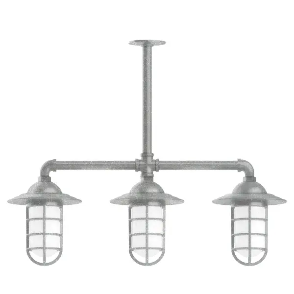 Maximize your light output with our 3-Light Multi-Light Stem Hung Pendants. Illuminate an outdoor or indoor kitchen island or dining table, this industrial look works well in both commercial and residential applications. Our weathertight glass and guard will protect your light source from damage in a storm, as well as light your way in great nautical style. Collection: Vaportite Finish: Painted Galvanized Glass: 5 inch Vaportite Notes: Option (3) A19 LED and 1-Integrated 8W Width: 31.00" Height: 46.00" Length: 31.00" Weight: 25.00 lb Extension from Wall: 31.00" Canopy: 4.125" diameter Number of Bulbs: 3 Maximum Wattage: 100.00 W Bulb Type: A19 Bulb Base: E26 Medium Light Source: Incandescent or LED equivalent Dimmable Voltage: 120.00 V Country of Origin: US Safety Listing: UL/cUL Safety Rating: Wet Dark Sky LED Manufacturer Warranty: 1-year limited warranty on the fixture.