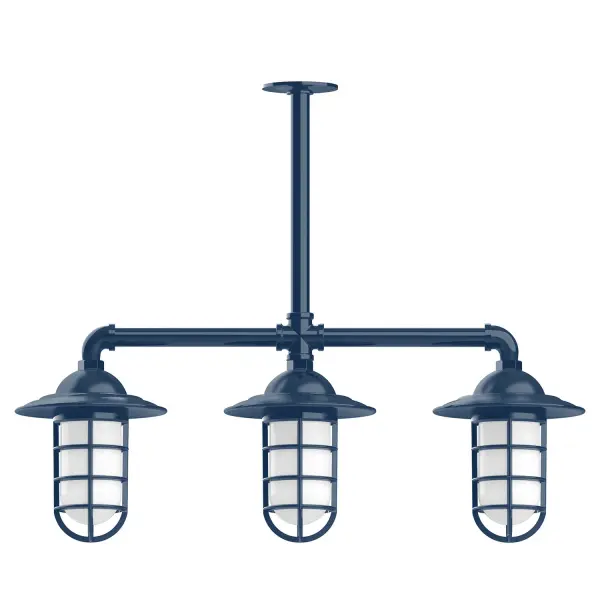 Maximize your light output with our 3-Light Multi-Light Stem Hung Pendants. Illuminate an outdoor or indoor kitchen island or dining table, this industrial look works well in both commercial and residential applications. Our weathertight glass and guard will protect your light source from damage in a storm, as well as light your way in great nautical style. Collection: Vaportite Finish: Navy Glass: 5 inch Vaportite Notes: Option (3) A19 LED and 1-Integrated 8W Width: 31.00" Height: 46.00" Length: 31.00" Weight: 25.00 lb Extension from Wall: 31.00" Canopy: 4.125" diameter Number of Bulbs: 3 Maximum Wattage: 100.00 W Bulb Type: A19 Bulb Base: E26 Medium Light Source: Incandescent or LED equivalent Dimmable Voltage: 120.00 V Country of Origin: US Safety Listing: UL/cUL Safety Rating: Wet Dark Sky LED Manufacturer Warranty: 1-year limited warranty on the fixture.