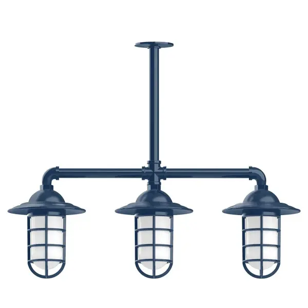 Maximize your light output with our 3-Light Multi-Light Stem Hung Pendants. Illuminate an outdoor or indoor kitchen island or dining table, this industrial look works well in both commercial and residential applications. Our weathertight glass and guard will protect your light source from damage in a storm, as well as light your way in great nautical style. Collection: Vaportite Finish: Navy Glass: 5 inch Vaportite Notes: Option (3) A19 LED and 1-Integrated 8W Width: 31.00" Height: 58.00" Length: 31.00" Weight: 25.00 lb Extension from Wall: 31.00" Canopy: 4.125" diameter Number of Bulbs: 3 Maximum Wattage: 100.00 W Bulb Type: A19 Bulb Base: E26 Medium Light Source: Incandescent or LED equivalent Dimmable Voltage: 120.00 V Country of Origin: US Safety Listing: UL/cUL Safety Rating: Wet Dark Sky LED Manufacturer Warranty: 1-year limited warranty on the fixture.