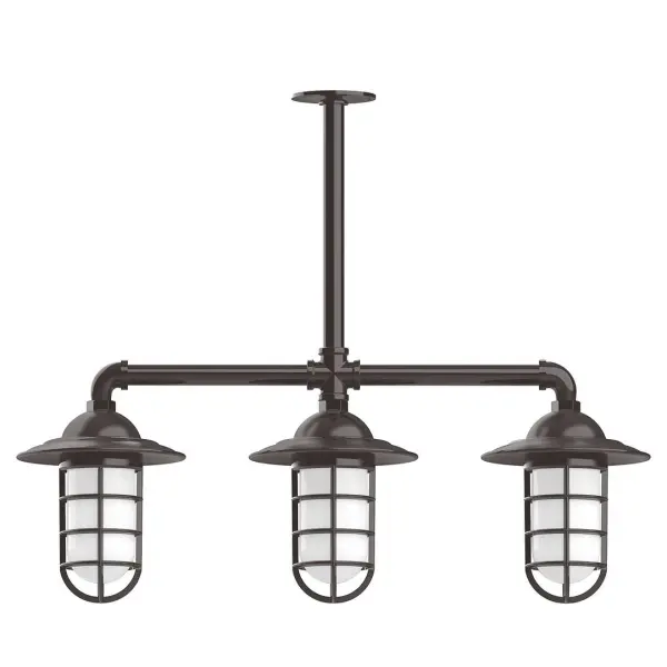 Maximize your light output with our 3-Light Multi-Light Stem Hung Pendants. Illuminate an outdoor or indoor kitchen island or dining table, this industrial look works well in both commercial and residential applications. Our weathertight glass and guard will protect your light source from damage in a storm, as well as light your way in great nautical style. Collection: Vaportite Finish: Architectural Bronze Glass: 5 inch Vaportite Notes: Option (3) A19 LED and 1-Integrated 8W Width: 31.00" Height: 34.00" Length: 31.00" Weight: 25.00 lb Extension from Wall: 31.00" Canopy: 4.125" diameter Number of Bulbs: 3 Maximum Wattage: 100.00 W Bulb Type: A19 Bulb Base: E26 Medium Light Source: Incandescent or LED equivalent Dimmable Voltage: 120.00 V Country of Origin: US Safety Listing: UL/cUL Safety Rating: Wet Dark Sky LED Manufacturer Warranty: 1-year limited warranty on the fixture.