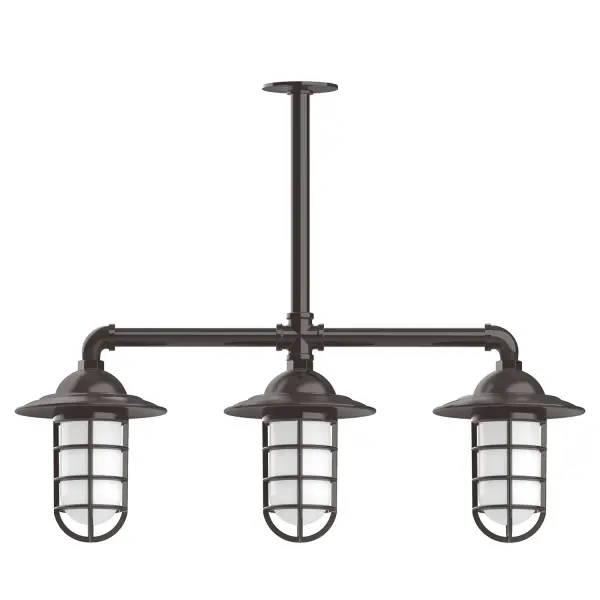 Maximize your light output with our 3-Light Multi-Light Stem Hung Pendants. Illuminate an outdoor or indoor kitchen island or dining table, this industrial look works well in both commercial and residential applications. Our weathertight glass and guard will protect your light source from damage in a storm, as well as light your way in great nautical style. Collection: Vaportite Finish: Architectural Bronze Glass: 5 inch Vaportite Notes: Option (3) A19 LED and 1-Integrated 8W Width: 31.00" Height: 46.00" Length: 31.00" Weight: 25.00 lb Extension from Wall: 31.00" Canopy: 4.125" diameter Number of Bulbs: 3 Maximum Wattage: 100.00 W Bulb Type: A19 Bulb Base: E26 Medium Light Source: Incandescent or LED equivalent Dimmable Voltage: 120.00 V Country of Origin: US Safety Listing: UL/cUL Safety Rating: Wet Dark Sky LED Manufacturer Warranty: 1-year limited warranty on the fixture.