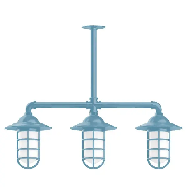 Maximize your light output with our 3-Light Multi-Light Stem Hung Pendants. Illuminate an outdoor or indoor kitchen island or dining table, this industrial look works well in both commercial and residential applications. Our weathertight glass and guard will protect your light source from damage in a storm, as well as light your way in great nautical style. Collection: Vaportite Finish: Light Blue Glass: 5 inch Vaportite Notes: Option (3) A19 LED and 1-Integrated 8W Width: 31.00" Height: 34.00" Length: 31.00" Weight: 25.00 lb Extension from Wall: 31.00" Canopy: 4.125" diameter Number of Bulbs: 3 Maximum Wattage: 100.00 W Bulb Type: A19 Bulb Base: E26 Medium Light Source: Incandescent or LED equivalent Dimmable Voltage: 120.00 V Country of Origin: US Safety Listing: UL/cUL Safety Rating: Wet Dark Sky LED Manufacturer Warranty: 1-year limited warranty on the fixture.
