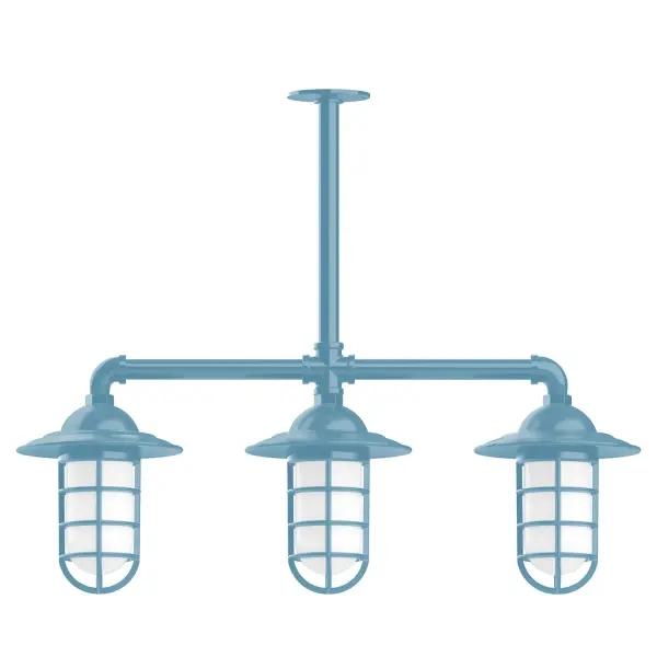 Maximize your light output with our 3-Light Multi-Light Stem Hung Pendants. Illuminate an outdoor or indoor kitchen island or dining table, this industrial look works well in both commercial and residential applications. Our weathertight glass and guard will protect your light source from damage in a storm, as well as light your way in great nautical style. Collection: Vaportite Finish: Light Blue Glass: 5 inch Vaportite Notes: Option (3) A19 LED and 1-Integrated 8W Width: 31.00" Height: 34.00" Length: 31.00" Weight: 25.00 lb Extension from Wall: 31.00" Canopy: 4.125" diameter Number of Bulbs: 3 Maximum Wattage: 100.00 W Bulb Type: A19 Bulb Base: E26 Medium Light Source: Incandescent or LED equivalent Dimmable Voltage: 120.00 V Country of Origin: US Safety Listing: UL/cUL Safety Rating: Wet Dark Sky LED Manufacturer Warranty: 1-year limited warranty on the fixture.