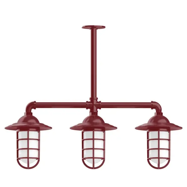 Maximize your light output with our 3-Light Multi-Light Stem Hung Pendants. Illuminate an outdoor or indoor kitchen island or dining table, this industrial look works well in both commercial and residential applications. Our weathertight glass and guard will protect your light source from damage in a storm, as well as light your way in great nautical style. Collection: Vaportite Finish: Barn Red Glass: 5 inch Vaportite Notes: Option (3) A19 LED and 1-Integrated 8W Width: 31.00" Height: 34.00" Length: 31.00" Weight: 25.00 lb Extension from Wall: 31.00" Canopy: 4.125" diameter Number of Bulbs: 3 Maximum Wattage: 100.00 W Bulb Type: A19 Bulb Base: E26 Medium Light Source: Incandescent or LED equivalent Dimmable Voltage: 120.00 V Country of Origin: US Safety Listing: UL/cUL Safety Rating: Wet Dark Sky LED Manufacturer Warranty: 1-year limited warranty on the fixture.