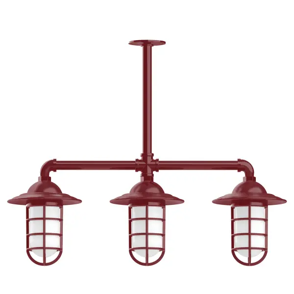 Maximize your light output with our 3-Light Multi-Light Stem Hung Pendants. Illuminate an outdoor or indoor kitchen island or dining table, this industrial look works well in both commercial and residential applications. Our weathertight glass and guard will protect your light source from damage in a storm, as well as light your way in great nautical style. Collection: Vaportite Finish: Barn Red Glass: 5 inch Vaportite Notes: Option (3) A19 LED and 1-Integrated 8W Width: 31.00" Height: 46.00" Length: 31.00" Weight: 25.00 lb Extension from Wall: 31.00" Canopy: 4.125" diameter Number of Bulbs: 3 Maximum Wattage: 100.00 W Bulb Type: A19 Bulb Base: E26 Medium Light Source: Incandescent or LED equivalent Dimmable Voltage: 120.00 V Country of Origin: US Safety Listing: UL/cUL Safety Rating: Wet Dark Sky LED Manufacturer Warranty: 1-year limited warranty on the fixture.