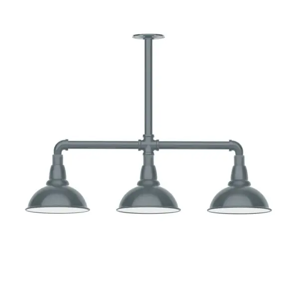Maximize your light output with our 3-Light Multi-Light Stem Hung Pendants. Illuminate an outdoor or indoor kitchen island or dining table, this industrial look works well in both commercial and residential applications. Our Cafe shades will help transform your outdoor living area into a warm and intimate gathering space. Collection: Cafe Finish: Slate Gray Glass: 8 inch Cafe Width: 8.13" Height: 23.38" Length: 30.75" Weight: 25.00 lb Canopy: 4.125" diameter Number of Bulbs: 2 Maximum Wattage: 8.00 W Light Source: LED Light Output: 800.00 lm Color Temperature: 3000 K CRI: 90 Dimmable Rated Average Life: 50,000 Voltage: 120.00 V Country of Origin: US Safety Listing: UL/cUL Safety Rating: Wet Dark Sky LED Manufacturer Warranty: 1-year limited warranty on the fixture.