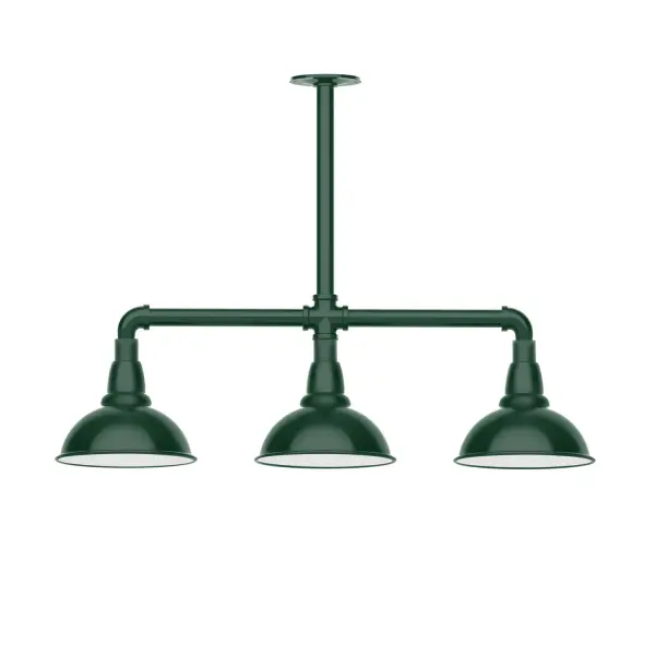 Maximize your light output with our 3-Light Multi-Light Stem Hung Pendants. Illuminate an outdoor or indoor kitchen island or dining table, this industrial look works well in both commercial and residential applications. Our Cafe shades will help transform your outdoor living area into a warm and intimate gathering space. Collection: Cafe Finish: Forest Green Glass: 8 inch Cafe Notes: Option (3) A19 LED and 1-Integrated 8W Width: 8.13" Height: 23.38" Length: 30.75" Weight: 25.00 lb Canopy: 4.125" diameter Number of Bulbs: 2 Maximum Wattage: 100.00 W Bulb Type: A19 Bulb Base: E26 Medium Light Source: Incandescent or LED equivalent Dimmable Voltage: 120.00 V Country of Origin: US Safety Listing: UL/cUL Safety Rating: Wet Dark Sky LED Manufacturer Warranty: 1-year limited warranty on the fixture.