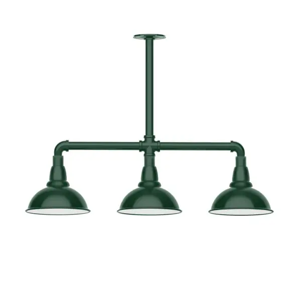 Maximize your light output with our 3-Light Multi-Light Stem Hung Pendants. Illuminate an outdoor or indoor kitchen island or dining table, this industrial look works well in both commercial and residential applications. Our Cafe shades will help transform your outdoor living area into a warm and intimate gathering space. Collection: Cafe Finish: Forest Green Glass: 8 inch Cafe Notes: Option (3) A19 LED and 1-Integrated 8W Width: 8.13" Height: 23.38" Length: 30.75" Weight: 25.00 lb Canopy: 4.125" diameter Number of Bulbs: 2 Maximum Wattage: 100.00 W Bulb Type: A19 Bulb Base: E26 Medium Light Source: Incandescent or LED equivalent Dimmable Voltage: 120.00 V Country of Origin: US Safety Listing: UL/cUL Safety Rating: Wet Dark Sky LED Manufacturer Warranty: 1-year limited warranty on the fixture.