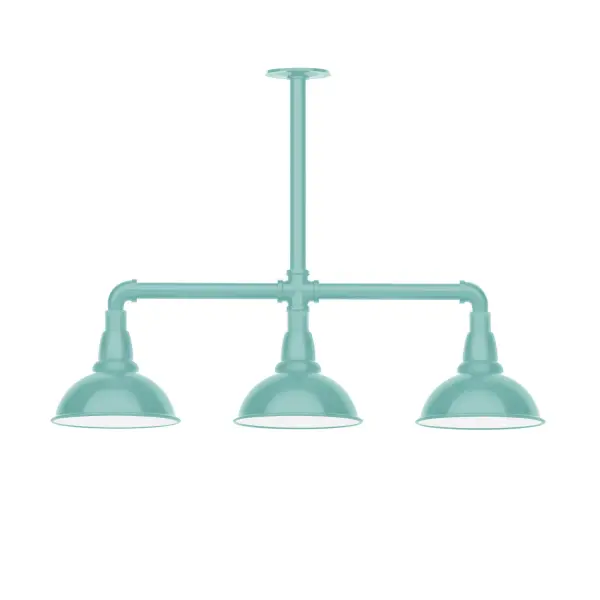 Maximize your light output with our 3-Light Multi-Light Stem Hung Pendants. Illuminate an outdoor or indoor kitchen island or dining table, this industrial look works well in both commercial and residential applications. Our Cafe shades will help transform your outdoor living area into a warm and intimate gathering space. Collection: Cafe Finish: Sea Green Glass: 8 inch Cafe Notes: Option (3) A19 LED and 1-Integrated 8W Width: 8.13" Height: 23.38" Length: 30.75" Weight: 25.00 lb Canopy: 4.125" diameter Number of Bulbs: 2 Maximum Wattage: 100.00 W Bulb Type: A19 Bulb Base: E26 Medium Light Source: Incandescent or LED equivalent Dimmable Voltage: 120.00 V Country of Origin: US Safety Listing: UL/cUL Safety Rating: Wet Dark Sky LED Manufacturer Warranty: 1-year limited warranty on the fixture.