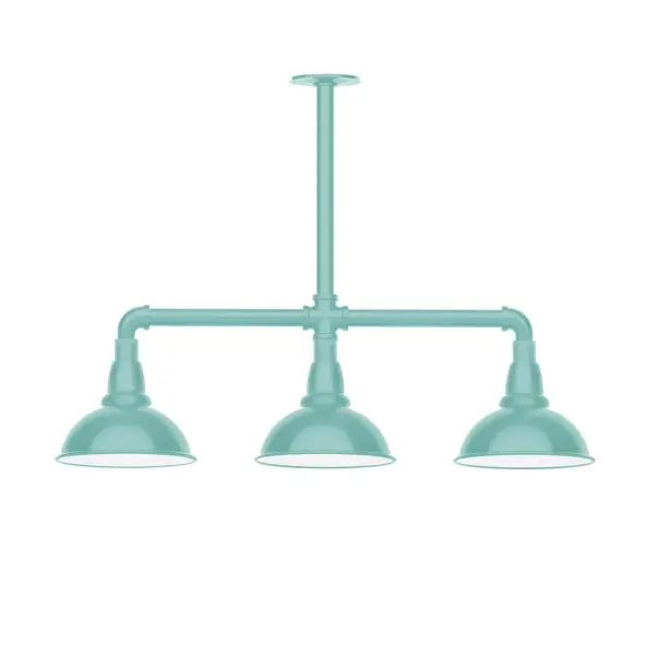 Maximize your light output with our 3-Light Multi-Light Stem Hung Pendants. Illuminate an outdoor or indoor kitchen island or dining table, this industrial look works well in both commercial and residential applications. Our Cafe shades will help transform your outdoor living area into a warm and intimate gathering space. Collection: Cafe Finish: Sea Green Glass: 8 inch Cafe Notes: Option (3) A19 LED and 1-Integrated 8W Width: 8.13" Height: 23.38" Length: 30.75" Weight: 25.00 lb Canopy: 4.125" diameter Number of Bulbs: 2 Maximum Wattage: 100.00 W Bulb Type: A19 Bulb Base: E26 Medium Light Source: Incandescent or LED equivalent Dimmable Voltage: 120.00 V Country of Origin: US Safety Listing: UL/cUL Safety Rating: Wet Dark Sky LED Manufacturer Warranty: 1-year limited warranty on the fixture.