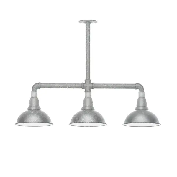 Maximize your light output with our 3-Light Multi-Light Stem Hung Pendants. Illuminate an outdoor or indoor kitchen island or dining table, this industrial look works well in both commercial and residential applications. Our Cafe shades will help transform your outdoor living area into a warm and intimate gathering space. Collection: Cafe Finish: Painted Galvanized Glass: 8 inch Cafe Notes: Option (3) A19 LED and 1-Integrated 8W Width: 8.13" Height: 23.38" Length: 30.75" Weight: 25.00 lb Canopy: 4.125" diameter Number of Bulbs: 2 Maximum Wattage: 100.00 W Bulb Type: A19 Bulb Base: E26 Medium Light Source: Incandescent or LED equivalent Dimmable Voltage: 120.00 V Country of Origin: US Safety Listing: UL/cUL Safety Rating: Wet Dark Sky LED Manufacturer Warranty: 1-year limited warranty on the fixture.