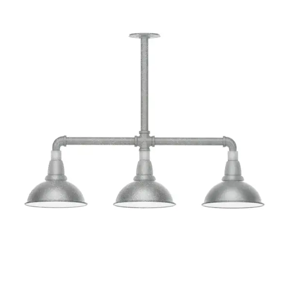 Maximize your light output with our 3-Light Multi-Light Stem Hung Pendants. Illuminate an outdoor or indoor kitchen island or dining table, this industrial look works well in both commercial and residential applications. Our Cafe shades will help transform your outdoor living area into a warm and intimate gathering space. Collection: Cafe Finish: Painted Galvanized Glass: 8 inch Cafe Notes: Option (3) A19 LED and 1-Integrated 8W Width: 8.13" Height: 23.38" Length: 30.75" Weight: 25.00 lb Canopy: 4.125" diameter Number of Bulbs: 2 Maximum Wattage: 100.00 W Bulb Type: A19 Bulb Base: E26 Medium Light Source: Incandescent or LED equivalent Dimmable Voltage: 120.00 V Country of Origin: US Safety Listing: UL/cUL Safety Rating: Wet Dark Sky LED Manufacturer Warranty: 1-year limited warranty on the fixture.