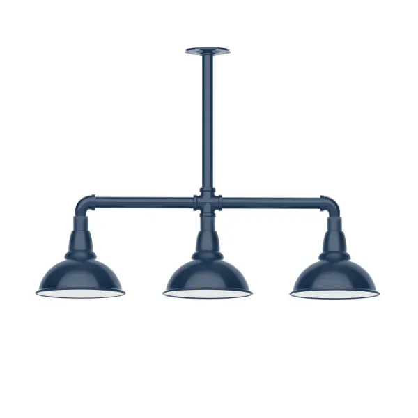 Maximize your light output with our 3-Light Multi-Light Stem Hung Pendants. Illuminate an outdoor or indoor kitchen island or dining table, this industrial look works well in both commercial and residential applications. Our Cafe shades will help transform your outdoor living area into a warm and intimate gathering space. Collection: Cafe Finish: Navy Glass: 8 inch Cafe Notes: Option (3) A19 LED and 1-Integrated 8W Width: 8.13" Height: 23.38" Length: 30.75" Weight: 25.00 lb Canopy: 4.125" diameter Number of Bulbs: 2 Maximum Wattage: 100.00 W Bulb Type: A19 Bulb Base: E26 Medium Light Source: Incandescent or LED equivalent Dimmable Voltage: 120.00 V Country of Origin: US Safety Listing: UL/cUL Safety Rating: Wet Dark Sky LED Manufacturer Warranty: 1-year limited warranty on the fixture.