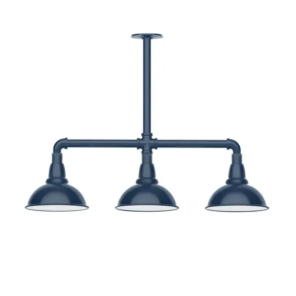 Maximize your light output with our 3-Light Multi-Light Stem Hung Pendants. Illuminate an outdoor or indoor kitchen island or dining table, this industrial look works well in both commercial and residential applications. Our Cafe shades will help transform your outdoor living area into a warm and intimate gathering space. Collection: Cafe Finish: Navy Glass: 8 inch Cafe Width: 8.13" Height: 23.38" Length: 30.75" Weight: 25.00 lb Canopy: 4.125" diameter Number of Bulbs: 2 Maximum Wattage: 8.00 W Light Source: LED Light Output: 800.00 lm Color Temperature: 3000 K CRI: 90 Dimmable Rated Average Life: 50,000 Voltage: 120.00 V Country of Origin: US Safety Listing: UL/cUL Safety Rating: Wet Dark Sky LED Manufacturer Warranty: 1-year limited warranty on the fixture.