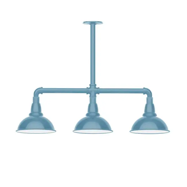 Maximize your light output with our 3-Light Multi-Light Stem Hung Pendants. Illuminate an outdoor or indoor kitchen island or dining table, this industrial look works well in both commercial and residential applications. Our Cafe shades will help transform your outdoor living area into a warm and intimate gathering space. Collection: Cafe Finish: Light Blue Glass: 8 inch Cafe Width: 8.13" Height: 23.38" Length: 30.75" Weight: 25.00 lb Canopy: 4.125" diameter Number of Bulbs: 2 Maximum Wattage: 8.00 W Light Source: LED Light Output: 800.00 lm Color Temperature: 3000 K CRI: 90 Dimmable Rated Average Life: 50,000 Voltage: 120.00 V Country of Origin: US Safety Listing: UL/cUL Safety Rating: Wet Dark Sky LED Manufacturer Warranty: 1-year limited warranty on the fixture.