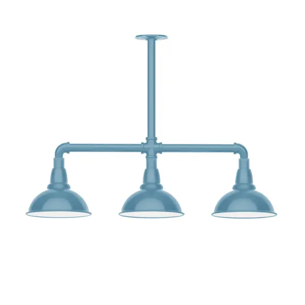 Maximize your light output with our 3-Light Multi-Light Stem Hung Pendants. Illuminate an outdoor or indoor kitchen island or dining table, this industrial look works well in both commercial and residential applications. Our Cafe shades will help transform your outdoor living area into a warm and intimate gathering space. Collection: Cafe Finish: Light Blue Glass: 8 inch Cafe Notes: Option (3) A19 LED and 1-Integrated 8W Width: 8.13" Height: 23.38" Length: 30.75" Weight: 25.00 lb Canopy: 4.125" diameter Number of Bulbs: 2 Maximum Wattage: 100.00 W Bulb Type: A19 Bulb Base: E26 Medium Light Source: Incandescent or LED equivalent Dimmable Voltage: 120.00 V Country of Origin: US Safety Listing: UL/cUL Safety Rating: Wet Dark Sky LED Manufacturer Warranty: 1-year limited warranty on the fixture.