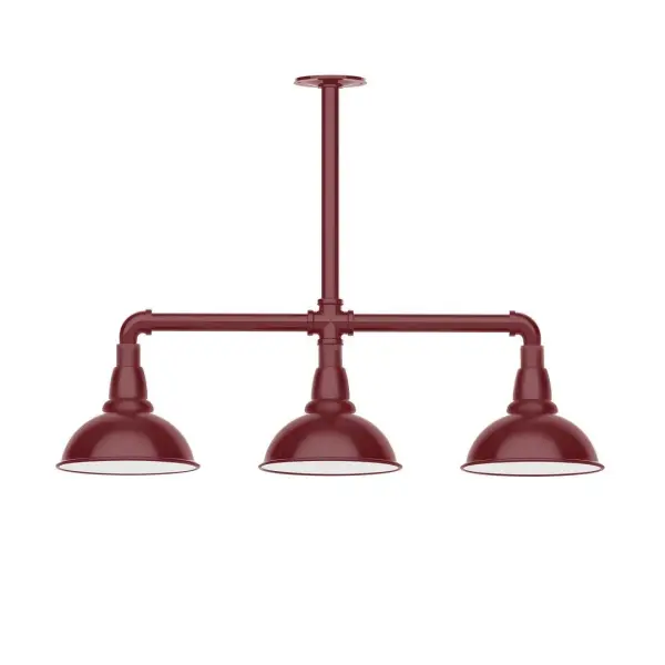 Maximize your light output with our 3-Light Multi-Light Stem Hung Pendants. Illuminate an outdoor or indoor kitchen island or dining table, this industrial look works well in both commercial and residential applications. Our Cafe shades will help transform your outdoor living area into a warm and intimate gathering space. Collection: Cafe Finish: Barn Red Glass: 8 inch Cafe Width: 8.13" Height: 23.38" Length: 30.75" Weight: 25.00 lb Canopy: 4.125" diameter Number of Bulbs: 2 Maximum Wattage: 8.00 W Light Source: LED Light Output: 800.00 lm Color Temperature: 3000 K CRI: 90 Dimmable Rated Average Life: 50,000 Voltage: 120.00 V Country of Origin: US Safety Listing: UL/cUL Safety Rating: Wet Dark Sky LED Manufacturer Warranty: 1-year limited warranty on the fixture.
