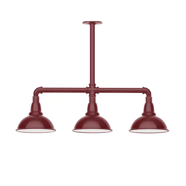 Maximize your light output with our 3-Light Multi-Light Stem Hung Pendants. Illuminate an outdoor or indoor kitchen island or dining table, this industrial look works well in both commercial and residential applications. Our Cafe shades will help transform your outdoor living area into a warm and intimate gathering space. Collection: Cafe Finish: Barn Red Glass: 8 inch Cafe Notes: Option (3) A19 LED and 1-Integrated 8W Width: 8.13" Height: 23.38" Length: 30.75" Weight: 25.00 lb Canopy: 4.125" diameter Number of Bulbs: 2 Maximum Wattage: 100.00 W Bulb Type: A19 Bulb Base: E26 Medium Light Source: Incandescent or LED equivalent Dimmable Voltage: 120.00 V Country of Origin: US Safety Listing: UL/cUL Safety Rating: Wet Dark Sky LED Manufacturer Warranty: 1-year limited warranty on the fixture.