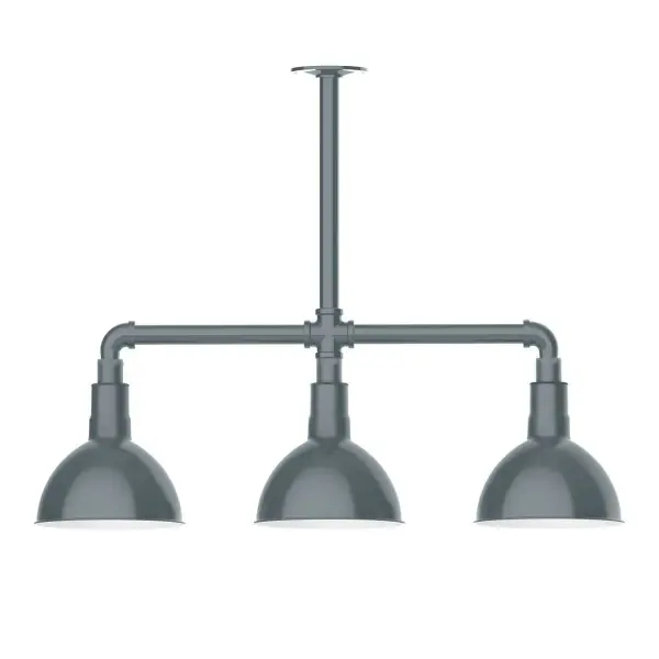 Maximize your light output with our 3-Light Multi-Light Stem Hung Pendants. Illuminate an outdoor or indoor kitchen island or dining table, this industrial look works well in both commercial and residential applications. Our Deep Bowl shade, the ultimate domed reflector, is classic in shape and offers great light output. Collection: Deep Bowl Finish: Slate Gray Glass: 8 inch Deep Bowl Width: 8.00" Height: 22.00" Length: 30.75" Weight: 25.00 lb Canopy: 4.125" diameter Number of Bulbs: 2 Maximum Wattage: 8.00 W Light Source: LED Light Output: 800.00 lm Color Temperature: 3000 K CRI: 90 Dimmable Rated Average Life: 50,000 Voltage: 120.00 V Country of Origin: US Safety Listing: UL/cUL Safety Rating: Wet Dark Sky LED Manufacturer Warranty: 1-year limited warranty on the fixture.
