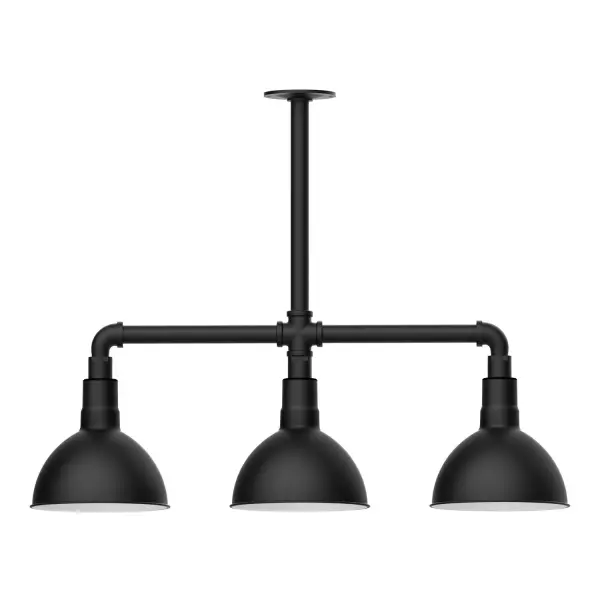 Maximize your light output with our 3-Light Multi-Light Stem Hung Pendants. Illuminate an outdoor or indoor kitchen island or dining table, this industrial look works well in both commercial and residential applications. Our Deep Bowl shade, the ultimate domed reflector, is classic in shape and offers great light output. Collection: Deep Bowl Finish: Black Glass: 8 inch Deep Bowl Notes: Option (3) A19 LED and 1-Integrated 8W Width: 8.00" Height: 22.00" Length: 30.75" Weight: 25.00 lb Canopy: 4.125" diameter Number of Bulbs: 2 Maximum Wattage: 100.00 W Bulb Type: A19 Bulb Base: E26 Medium Light Source: Incandescent or LED equivalent Dimmable Voltage: 120.00 V Country of Origin: US Safety Listing: UL/cUL Safety Rating: Wet Dark Sky LED Manufacturer Warranty: 1-year limited warranty on the fixture.