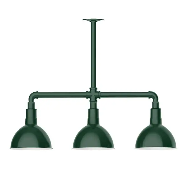 Maximize your light output with our 3-Light Multi-Light Stem Hung Pendants. Illuminate an outdoor or indoor kitchen island or dining table, this industrial look works well in both commercial and residential applications. Our Deep Bowl shade, the ultimate domed reflector, is classic in shape and offers great light output. Collection: Deep Bowl Finish: Forest Green Glass: 8 inch Deep Bowl Notes: Option (3) A19 LED and 1-Integrated 8W Width: 8.00" Height: 22.00" Length: 30.75" Weight: 25.00 lb Canopy: 4.125" diameter Number of Bulbs: 2 Maximum Wattage: 100.00 W Bulb Type: A19 Bulb Base: E26 Medium Light Source: Incandescent or LED equivalent Dimmable Voltage: 120.00 V Country of Origin: US Safety Listing: UL/cUL Safety Rating: Wet Dark Sky LED Manufacturer Warranty: 1-year limited warranty on the fixture.