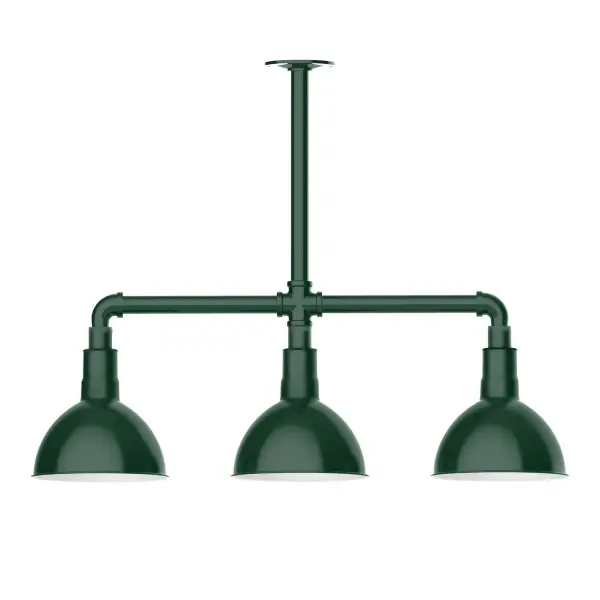Maximize your light output with our 3-Light Multi-Light Stem Hung Pendants. Illuminate an outdoor or indoor kitchen island or dining table, this industrial look works well in both commercial and residential applications. Our Deep Bowl shade, the ultimate domed reflector, is classic in shape and offers great light output. Collection: Deep Bowl Finish: Forest Green Glass: 8 inch Deep Bowl Notes: Option (3) A19 LED and 1-Integrated 8W Width: 8.00" Height: 22.00" Length: 30.75" Weight: 25.00 lb Canopy: 4.125" diameter Number of Bulbs: 2 Maximum Wattage: 100.00 W Bulb Type: A19 Bulb Base: E26 Medium Light Source: Incandescent or LED equivalent Dimmable Voltage: 120.00 V Country of Origin: US Safety Listing: UL/cUL Safety Rating: Wet Dark Sky LED Manufacturer Warranty: 1-year limited warranty on the fixture.