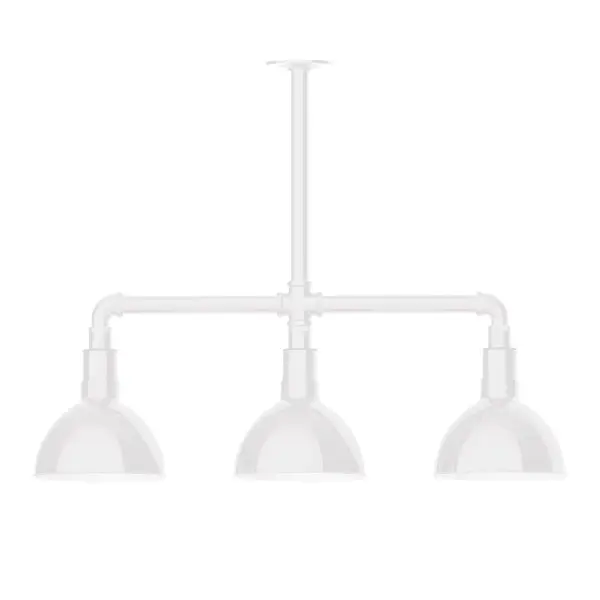 Maximize your light output with our 3-Light Multi-Light Stem Hung Pendants. Illuminate an outdoor or indoor kitchen island or dining table, this industrial look works well in both commercial and residential applications. Our Deep Bowl shade, the ultimate domed reflector, is classic in shape and offers great light output. Collection: Deep Bowl Finish: White Glass: 8 inch Deep Bowl Notes: Option (3) A19 LED and 1-Integrated 8W Width: 8.00" Height: 22.00" Length: 30.75" Weight: 25.00 lb Canopy: 4.125" diameter Number of Bulbs: 2 Maximum Wattage: 100.00 W Bulb Type: A19 Bulb Base: E26 Medium Light Source: Incandescent or LED equivalent Dimmable Voltage: 120.00 V Country of Origin: US Safety Listing: UL/cUL Safety Rating: Wet Dark Sky LED Manufacturer Warranty: 1-year limited warranty on the fixture.