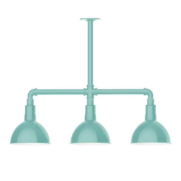 Maximize your light output with our 3-Light Multi-Light Stem Hung Pendants. Illuminate an outdoor or indoor kitchen island or dining table, this industrial look works well in both commercial and residential applications. Our Deep Bowl shade, the ultimate domed reflector, is classic in shape and offers great light output. Collection: Deep Bowl Finish: Sea Green Glass: 8 inch Deep Bowl Notes: Option (3) A19 LED and 1-Integrated 8W Width: 8.00" Height: 22.00" Length: 30.75" Weight: 25.00 lb Canopy: 4.125" diameter Number of Bulbs: 2 Maximum Wattage: 100.00 W Bulb Type: A19 Bulb Base: E26 Medium Light Source: Incandescent or LED equivalent Dimmable Voltage: 120.00 V Country of Origin: US Safety Listing: UL/cUL Safety Rating: Wet Dark Sky LED Manufacturer Warranty: 1-year limited warranty on the fixture.