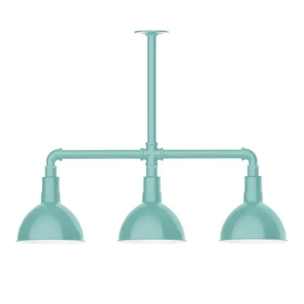 Maximize your light output with our 3-Light Multi-Light Stem Hung Pendants. Illuminate an outdoor or indoor kitchen island or dining table, this industrial look works well in both commercial and residential applications. Our Deep Bowl shade, the ultimate domed reflector, is classic in shape and offers great light output. Collection: Deep Bowl Finish: Sea Green Glass: 8 inch Deep Bowl Notes: Option (3) A19 LED and 1-Integrated 8W Width: 8.00" Height: 22.00" Length: 30.75" Weight: 25.00 lb Canopy: 4.125" diameter Number of Bulbs: 2 Maximum Wattage: 100.00 W Bulb Type: A19 Bulb Base: E26 Medium Light Source: Incandescent or LED equivalent Dimmable Voltage: 120.00 V Country of Origin: US Safety Listing: UL/cUL Safety Rating: Wet Dark Sky LED Manufacturer Warranty: 1-year limited warranty on the fixture.