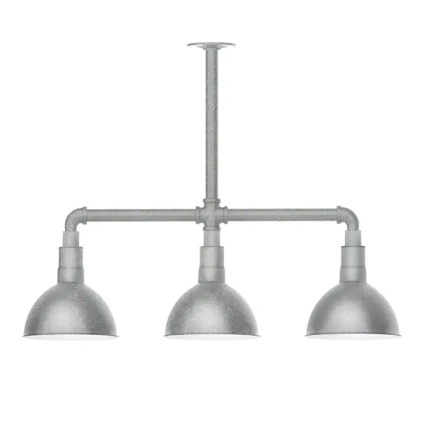 Maximize your light output with our 3-Light Multi-Light Stem Hung Pendants. Illuminate an outdoor or indoor kitchen island or dining table, this industrial look works well in both commercial and residential applications. Our Deep Bowl shade, the ultimate domed reflector, is classic in shape and offers great light output. Collection: Deep Bowl Finish: Painted Galvanized Glass: 8 inch Deep Bowl Notes: Option (3) A19 LED and 1-Integrated 8W Width: 8.00" Height: 22.00" Length: 30.75" Weight: 25.00 lb Canopy: 4.125" diameter Number of Bulbs: 2 Maximum Wattage: 100.00 W Bulb Type: A19 Bulb Base: E26 Medium Light Source: Incandescent or LED equivalent Dimmable Voltage: 120.00 V Country of Origin: US Safety Listing: UL/cUL Safety Rating: Wet Dark Sky LED Manufacturer Warranty: 1-year limited warranty on the fixture.