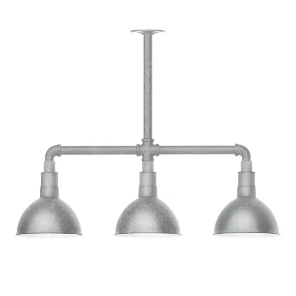 Maximize your light output with our 3-Light Multi-Light Stem Hung Pendants. Illuminate an outdoor or indoor kitchen island or dining table, this industrial look works well in both commercial and residential applications. Our Deep Bowl shade, the ultimate domed reflector, is classic in shape and offers great light output. Collection: Deep Bowl Finish: Painted Galvanized Glass: 8 inch Deep Bowl Notes: Option (3) A19 LED and 1-Integrated 8W Width: 8.00" Height: 22.00" Length: 30.75" Weight: 25.00 lb Canopy: 4.125" diameter Number of Bulbs: 2 Maximum Wattage: 100.00 W Bulb Type: A19 Bulb Base: E26 Medium Light Source: Incandescent or LED equivalent Dimmable Voltage: 120.00 V Country of Origin: US Safety Listing: UL/cUL Safety Rating: Wet Dark Sky LED Manufacturer Warranty: 1-year limited warranty on the fixture.