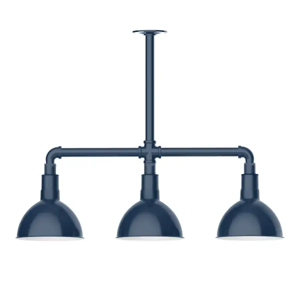 Maximize your light output with our 3-Light Multi-Light Stem Hung Pendants. Illuminate an outdoor or indoor kitchen island or dining table, this industrial look works well in both commercial and residential applications. Our Deep Bowl shade, the ultimate domed reflector, is classic in shape and offers great light output. Collection: Deep Bowl Finish: Navy Glass: 8 inch Deep Bowl Notes: Option (3) A19 LED and 1-Integrated 8W Width: 8.00" Height: 22.00" Length: 30.75" Weight: 25.00 lb Canopy: 4.125" diameter Number of Bulbs: 2 Maximum Wattage: 100.00 W Bulb Type: A19 Bulb Base: E26 Medium Light Source: Incandescent or LED equivalent Dimmable Voltage: 120.00 V Country of Origin: US Safety Listing: UL/cUL Safety Rating: Wet Dark Sky LED Manufacturer Warranty: 1-year limited warranty on the fixture.