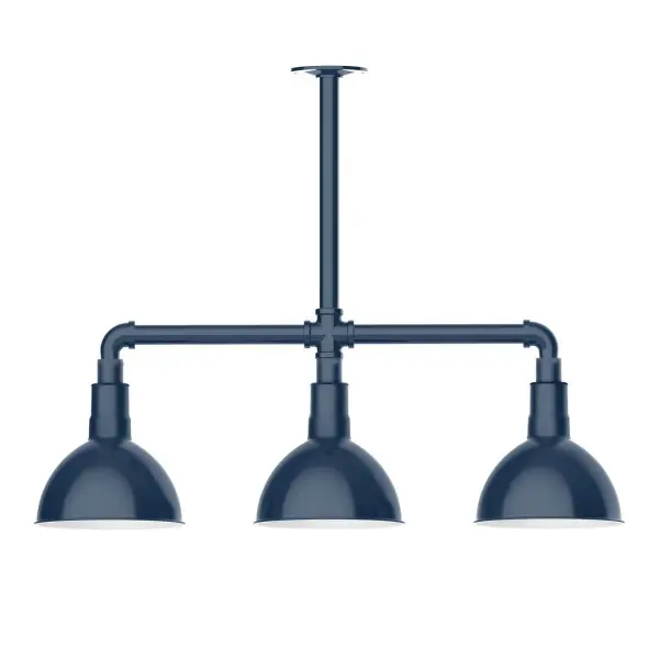 Maximize your light output with our 3-Light Multi-Light Stem Hung Pendants. Illuminate an outdoor or indoor kitchen island or dining table, this industrial look works well in both commercial and residential applications. Our Deep Bowl shade, the ultimate domed reflector, is classic in shape and offers great light output. Collection: Deep Bowl Finish: Navy Glass: 8 inch Deep Bowl Notes: Option (3) A19 LED and 1-Integrated 8W Width: 8.00" Height: 22.00" Length: 30.75" Weight: 25.00 lb Canopy: 4.125" diameter Number of Bulbs: 2 Maximum Wattage: 100.00 W Bulb Type: A19 Bulb Base: E26 Medium Light Source: Incandescent or LED equivalent Dimmable Voltage: 120.00 V Country of Origin: US Safety Listing: UL/cUL Safety Rating: Wet Dark Sky LED Manufacturer Warranty: 1-year limited warranty on the fixture.