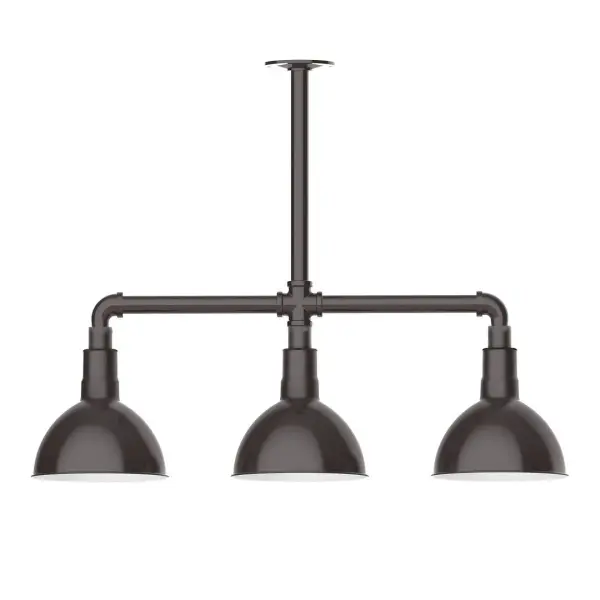Maximize your light output with our 3-Light Multi-Light Stem Hung Pendants. Illuminate an outdoor or indoor kitchen island or dining table, this industrial look works well in both commercial and residential applications. Our Deep Bowl shade, the ultimate domed reflector, is classic in shape and offers great light output. Collection: Deep Bowl Finish: Architectural Bronze Glass: 8 inch Deep Bowl Width: 8.00" Height: 22.00" Length: 30.75" Weight: 25.00 lb Canopy: 4.125" diameter Number of Bulbs: 2 Maximum Wattage: 8.00 W Light Source: LED Light Output: 800.00 lm Color Temperature: 3000 K CRI: 90 Dimmable Rated Average Life: 50,000 Voltage: 120.00 V Country of Origin: US Safety Listing: UL/cUL Safety Rating: Wet Dark Sky LED Manufacturer Warranty: 1-year limited warranty on the fixture.