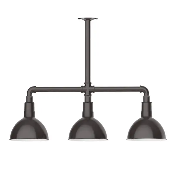 Maximize your light output with our 3-Light Multi-Light Stem Hung Pendants. Illuminate an outdoor or indoor kitchen island or dining table, this industrial look works well in both commercial and residential applications. Our Deep Bowl shade, the ultimate domed reflector, is classic in shape and offers great light output. Collection: Deep Bowl Finish: Architectural Bronze Glass: 8 inch Deep Bowl Notes: Option (3) A19 LED and 1-Integrated 8W Width: 8.00" Height: 22.00" Length: 30.75" Weight: 25.00 lb Canopy: 4.125" diameter Number of Bulbs: 2 Maximum Wattage: 100.00 W Bulb Type: A19 Bulb Base: E26 Medium Light Source: Incandescent or LED equivalent Dimmable Voltage: 120.00 V Country of Origin: US Safety Listing: UL/cUL Safety Rating: Wet Dark Sky LED Manufacturer Warranty: 1-year limited warranty on the fixture.