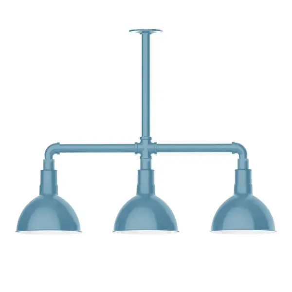 Maximize your light output with our 3-Light Multi-Light Stem Hung Pendants. Illuminate an outdoor or indoor kitchen island or dining table, this industrial look works well in both commercial and residential applications. Our Deep Bowl shade, the ultimate domed reflector, is classic in shape and offers great light output. Collection: Deep Bowl Finish: Light Blue Glass: 8 inch Deep Bowl Notes: Option (3) A19 LED and 1-Integrated 8W Width: 8.00" Height: 22.00" Length: 30.75" Weight: 25.00 lb Canopy: 4.125" diameter Number of Bulbs: 2 Maximum Wattage: 100.00 W Bulb Type: A19 Bulb Base: E26 Medium Light Source: Incandescent or LED equivalent Dimmable Voltage: 120.00 V Country of Origin: US Safety Listing: UL/cUL Safety Rating: Wet Dark Sky LED Manufacturer Warranty: 1-year limited warranty on the fixture.