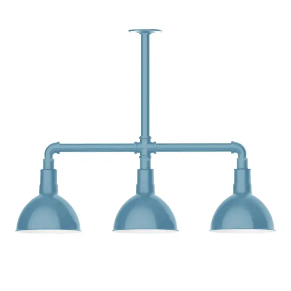 Maximize your light output with our 3-Light Multi-Light Stem Hung Pendants. Illuminate an outdoor or indoor kitchen island or dining table, this industrial look works well in both commercial and residential applications. Our Deep Bowl shade, the ultimate domed reflector, is classic in shape and offers great light output. Collection: Deep Bowl Finish: Light Blue Glass: 8 inch Deep Bowl Notes: Option (3) A19 LED and 1-Integrated 8W Width: 8.00" Height: 22.00" Length: 30.75" Weight: 25.00 lb Canopy: 4.125" diameter Number of Bulbs: 2 Maximum Wattage: 100.00 W Bulb Type: A19 Bulb Base: E26 Medium Light Source: Incandescent or LED equivalent Dimmable Voltage: 120.00 V Country of Origin: US Safety Listing: UL/cUL Safety Rating: Wet Dark Sky LED Manufacturer Warranty: 1-year limited warranty on the fixture.
