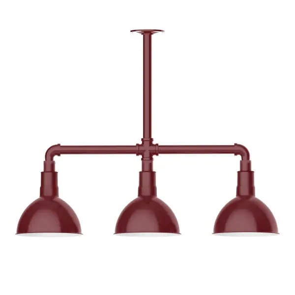 Maximize your light output with our 3-Light Multi-Light Stem Hung Pendants. Illuminate an outdoor or indoor kitchen island or dining table, this industrial look works well in both commercial and residential applications. Our Deep Bowl shade, the ultimate domed reflector, is classic in shape and offers great light output. Collection: Deep Bowl Finish: Barn Red Glass: 8 inch Deep Bowl Notes: Option (3) A19 LED and 1-Integrated 8W Width: 8.00" Height: 22.00" Length: 30.75" Weight: 25.00 lb Canopy: 4.125" diameter Number of Bulbs: 2 Maximum Wattage: 100.00 W Bulb Type: A19 Bulb Base: E26 Medium Light Source: Incandescent or LED equivalent Dimmable Voltage: 120.00 V Country of Origin: US Safety Listing: UL/cUL Safety Rating: Wet Dark Sky LED Manufacturer Warranty: 1-year limited warranty on the fixture.