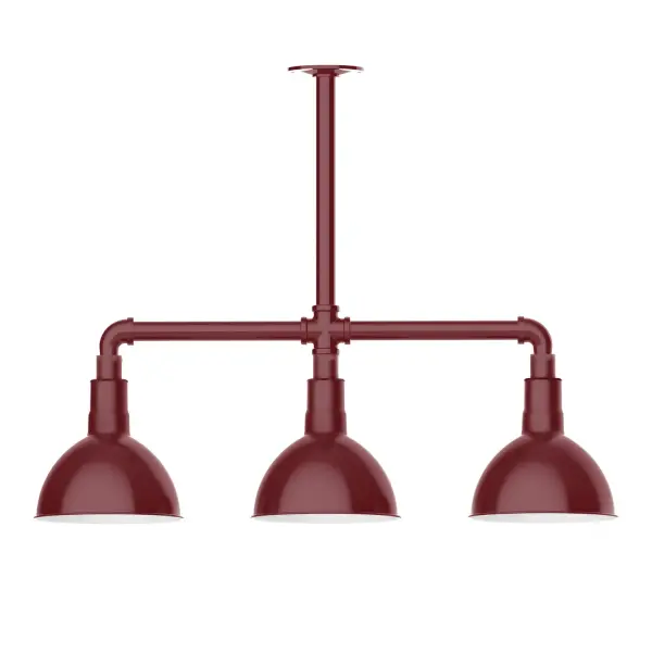 Maximize your light output with our 3-Light Multi-Light Stem Hung Pendants. Illuminate an outdoor or indoor kitchen island or dining table, this industrial look works well in both commercial and residential applications. Our Deep Bowl shade, the ultimate domed reflector, is classic in shape and offers great light output. Collection: Deep Bowl Finish: Barn Red Glass: 8 inch Deep Bowl Notes: Option (3) A19 LED and 1-Integrated 8W Width: 8.00" Height: 22.00" Length: 30.75" Weight: 25.00 lb Canopy: 4.125" diameter Number of Bulbs: 2 Maximum Wattage: 100.00 W Bulb Type: A19 Bulb Base: E26 Medium Light Source: Incandescent or LED equivalent Dimmable Voltage: 120.00 V Country of Origin: US Safety Listing: UL/cUL Safety Rating: Wet Dark Sky LED Manufacturer Warranty: 1-year limited warranty on the fixture.