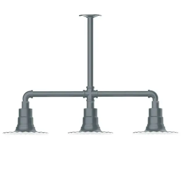 Maximize your light output with our 3-Light Multi-Light Stem Hung Pendants. Illuminate an outdoor or indoor kitchen island or dining table, this industrial look works well in both commercial and residential applications. The Radial Shade is fluted to allow water to flow off its surface, suitable for seaside and non-seaside locales. Collection: Radial Finish: Slate Gray Glass: 8 inch Radial Notes: Option (3) A19 LED and 1-Integrated 8W Width: 8.00" Height: 19.25" Length: 30.75" Weight: 25.00 lb Canopy: 4.125" diameter Number of Bulbs: 2 Maximum Wattage: 100.00 W Bulb Type: A19 Bulb Base: E26 Medium Light Source: Incandescent or LED equivalent Dimmable Voltage: 120.00 V Country of Origin: US Safety Listing: UL/cUL Safety Rating: Wet Dark Sky LED Manufacturer Warranty: 1-year limited warranty on the fixture.