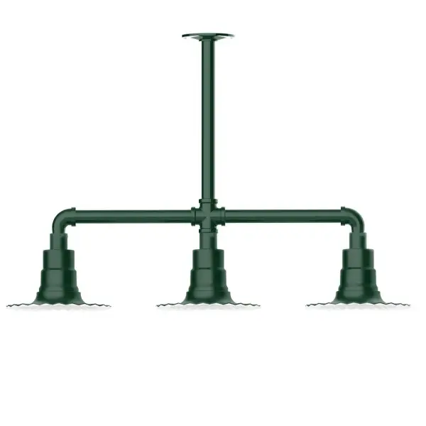 Maximize your light output with our 3-Light Multi-Light Stem Hung Pendants. Illuminate an outdoor or indoor kitchen island or dining table, this industrial look works well in both commercial and residential applications. The Radial Shade is fluted to allow water to flow off its surface, suitable for seaside and non-seaside locales. Collection: Radial Finish: Forest Green Glass: 8 inch Radial Notes: Option (3) A19 LED and 1-Integrated 8W Width: 8.00" Height: 19.25" Length: 30.75" Weight: 25.00 lb Canopy: 4.125" diameter Number of Bulbs: 2 Maximum Wattage: 100.00 W Bulb Type: A19 Bulb Base: E26 Medium Light Source: Incandescent or LED equivalent Dimmable Voltage: 120.00 V Country of Origin: US Safety Listing: UL/cUL Safety Rating: Wet Dark Sky LED Manufacturer Warranty: 1-year limited warranty on the fixture.