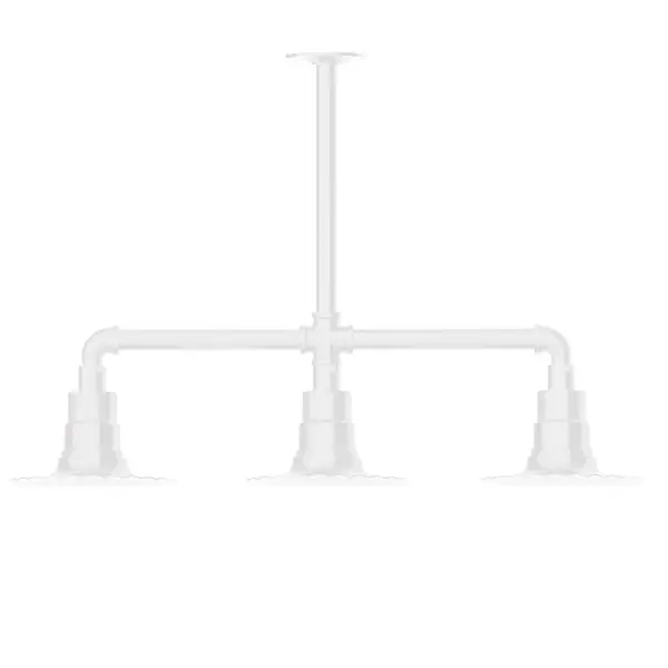 Maximize your light output with our 3-Light Multi-Light Stem Hung Pendants. Illuminate an outdoor or indoor kitchen island or dining table, this industrial look works well in both commercial and residential applications. The Radial Shade is fluted to allow water to flow off its surface, suitable for seaside and non-seaside locales. Collection: Radial Finish: White Glass: 8 inch Radial Notes: Option (3) A19 LED and 1-Integrated 8W Width: 8.00" Height: 19.25" Length: 30.75" Weight: 25.00 lb Canopy: 4.125" diameter Number of Bulbs: 2 Maximum Wattage: 100.00 W Bulb Type: A19 Bulb Base: E26 Medium Light Source: Incandescent or LED equivalent Dimmable Voltage: 120.00 V Country of Origin: US Safety Listing: UL/cUL Safety Rating: Wet Dark Sky LED Manufacturer Warranty: 1-year limited warranty on the fixture.