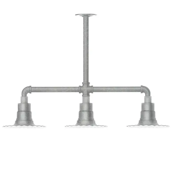 Maximize your light output with our 3-Light Multi-Light Stem Hung Pendants. Illuminate an outdoor or indoor kitchen island or dining table, this industrial look works well in both commercial and residential applications. The Radial Shade is fluted to allow water to flow off its surface, suitable for seaside and non-seaside locales. Collection: Radial Finish: Painted Galvanized Glass: 8 inch Radial Notes: Option (3) A19 LED and 1-Integrated 8W Width: 8.00" Height: 19.25" Length: 30.75" Weight: 25.00 lb Canopy: 4.125" diameter Number of Bulbs: 2 Maximum Wattage: 100.00 W Bulb Type: A19 Bulb Base: E26 Medium Light Source: Incandescent or LED equivalent Dimmable Voltage: 120.00 V Country of Origin: US Safety Listing: UL/cUL Safety Rating: Wet Dark Sky LED Manufacturer Warranty: 1-year limited warranty on the fixture.