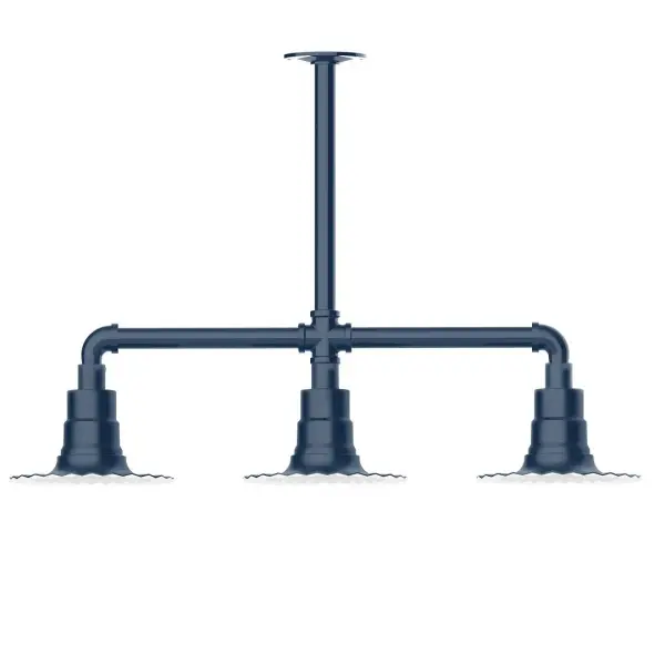 Maximize your light output with our 3-Light Multi-Light Stem Hung Pendants. Illuminate an outdoor or indoor kitchen island or dining table, this industrial look works well in both commercial and residential applications. The Radial Shade is fluted to allow water to flow off its surface, suitable for seaside and non-seaside locales. Collection: Radial Finish: Navy Glass: 8 inch Radial Notes: Option (3) A19 LED and 1-Integrated 8W Width: 8.00" Height: 19.25" Length: 30.75" Weight: 25.00 lb Canopy: 4.125" diameter Number of Bulbs: 2 Maximum Wattage: 100.00 W Bulb Type: A19 Bulb Base: E26 Medium Light Source: Incandescent or LED equivalent Dimmable Voltage: 120.00 V Country of Origin: US Safety Listing: UL/cUL Safety Rating: Wet Dark Sky LED Manufacturer Warranty: 1-year limited warranty on the fixture.