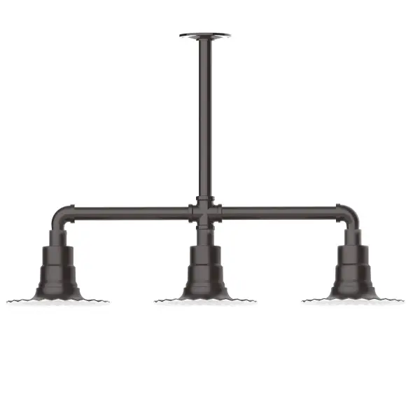 Maximize your light output with our 3-Light Multi-Light Stem Hung Pendants. Illuminate an outdoor or indoor kitchen island or dining table, this industrial look works well in both commercial and residential applications. The Radial Shade is fluted to allow water to flow off its surface, suitable for seaside and non-seaside locales. Collection: Radial Finish: Architectural Bronze Glass: 8 inch Radial Notes: Option (3) A19 LED and 1-Integrated 8W Width: 8.00" Height: 19.25" Length: 30.75" Weight: 25.00 lb Canopy: 4.125" diameter Number of Bulbs: 2 Maximum Wattage: 100.00 W Bulb Type: A19 Bulb Base: E26 Medium Light Source: Incandescent or LED equivalent Dimmable Voltage: 120.00 V Country of Origin: US Safety Listing: UL/cUL Safety Rating: Wet Dark Sky LED Manufacturer Warranty: 1-year limited warranty on the fixture.