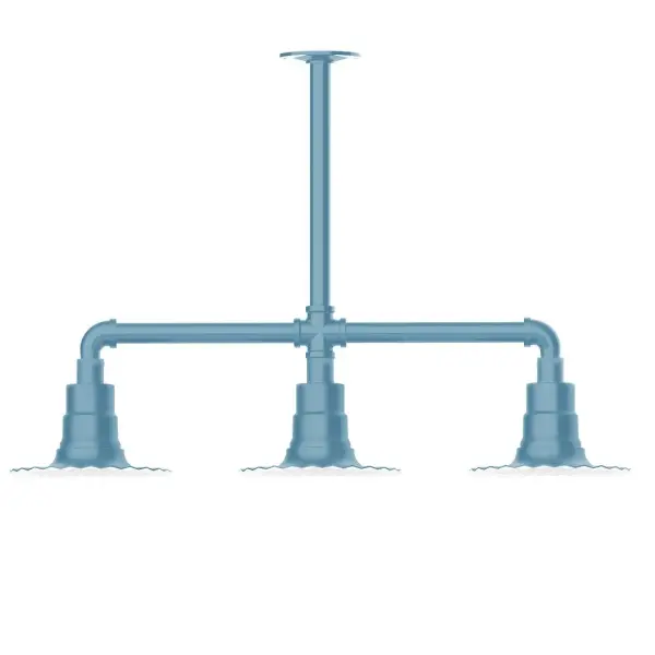 Maximize your light output with our 3-Light Multi-Light Stem Hung Pendants. Illuminate an outdoor or indoor kitchen island or dining table, this industrial look works well in both commercial and residential applications. The Radial Shade is fluted to allow water to flow off its surface, suitable for seaside and non-seaside locales. Collection: Radial Finish: Light Blue Glass: 8 inch Radial Notes: Option (3) A19 LED and 1-Integrated 8W Width: 8.00" Height: 19.25" Length: 30.75" Weight: 25.00 lb Canopy: 4.125" diameter Number of Bulbs: 2 Maximum Wattage: 100.00 W Bulb Type: A19 Bulb Base: E26 Medium Light Source: Incandescent or LED equivalent Dimmable Voltage: 120.00 V Country of Origin: US Safety Listing: UL/cUL Safety Rating: Wet Dark Sky LED Manufacturer Warranty: 1-year limited warranty on the fixture.