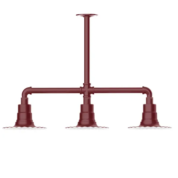 Maximize your light output with our 3-Light Multi-Light Stem Hung Pendants. Illuminate an outdoor or indoor kitchen island or dining table, this industrial look works well in both commercial and residential applications. The Radial Shade is fluted to allow water to flow off its surface, suitable for seaside and non-seaside locales. Collection: Radial Finish: Barn Red Glass: 8 inch Radial Notes: Option (3) A19 LED and 1-Integrated 8W Width: 8.00" Height: 19.25" Length: 30.75" Weight: 25.00 lb Canopy: 4.125" diameter Number of Bulbs: 2 Maximum Wattage: 100.00 W Bulb Type: A19 Bulb Base: E26 Medium Light Source: Incandescent or LED equivalent Dimmable Voltage: 120.00 V Country of Origin: US Safety Listing: UL/cUL Safety Rating: Wet Dark Sky LED Manufacturer Warranty: 1-year limited warranty on the fixture.